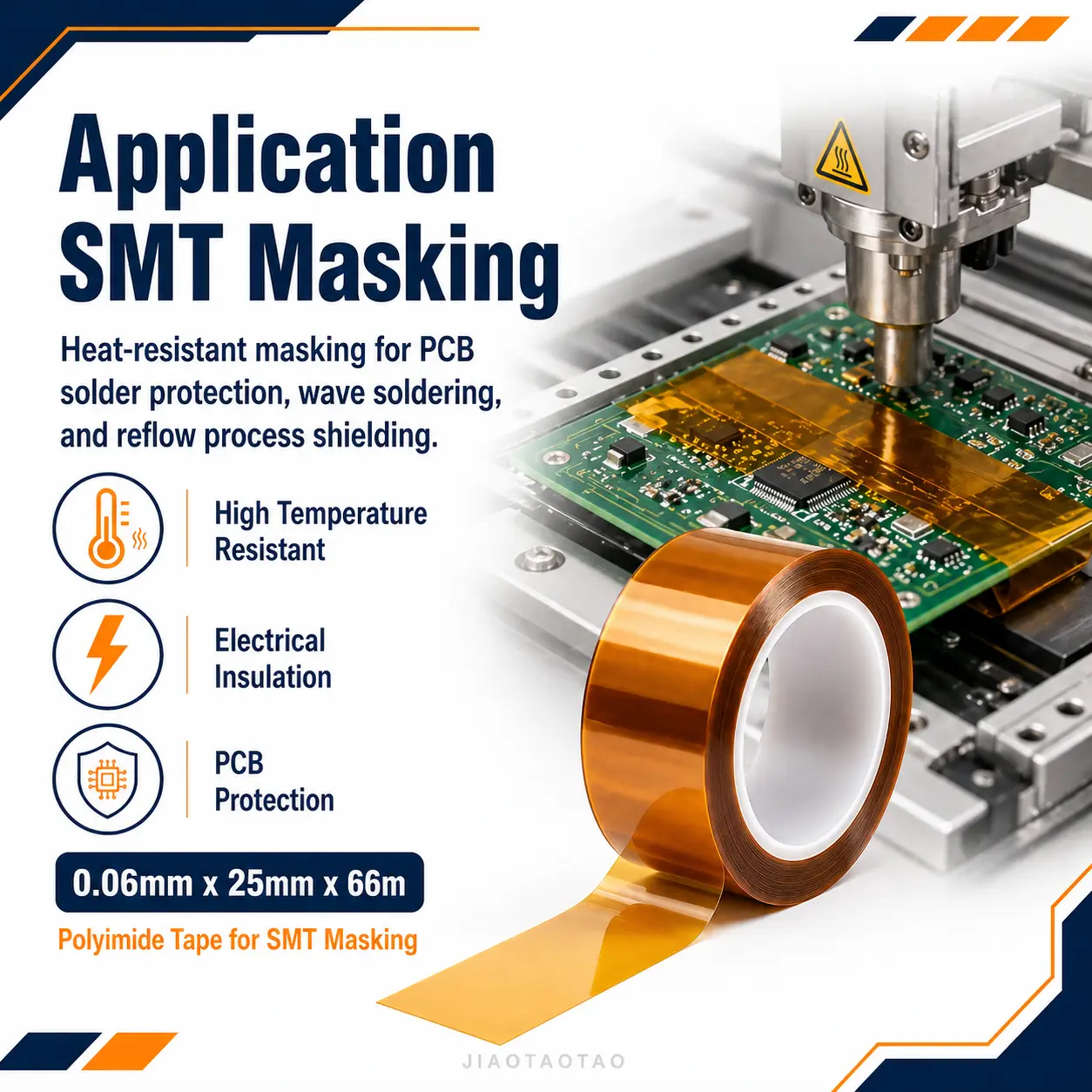 Polyimide tape 0.06mm x 25mm for SMT masking, electronics protection, and high temperature processing.